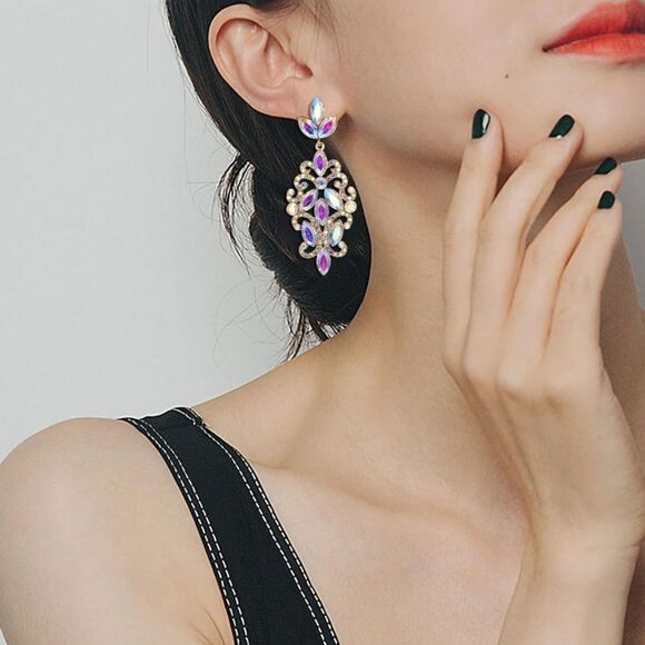 Yellow Gold with Iridescent AB Crystal Marquise Filigree Chandelier Earrings - Picture 3 of 5
